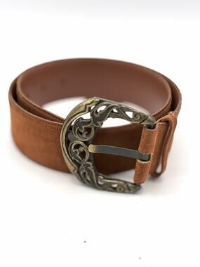 Wide Cognac Suede Belt 30-34 Inch Ornate Antiqued Brass Scroll Buckle Boho M/L